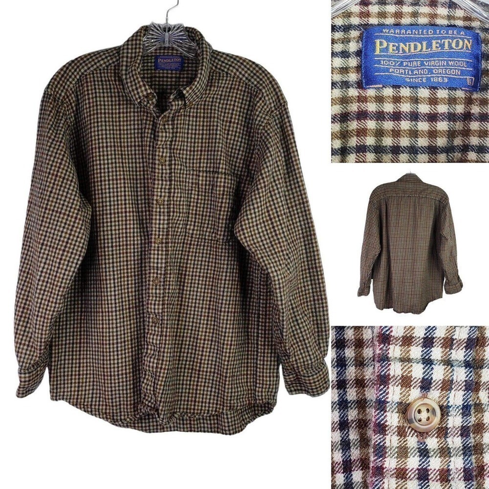 VINTAGE Pendleton Shirt Mens M/L Tan Check Plaid Field Wool Button Down LS